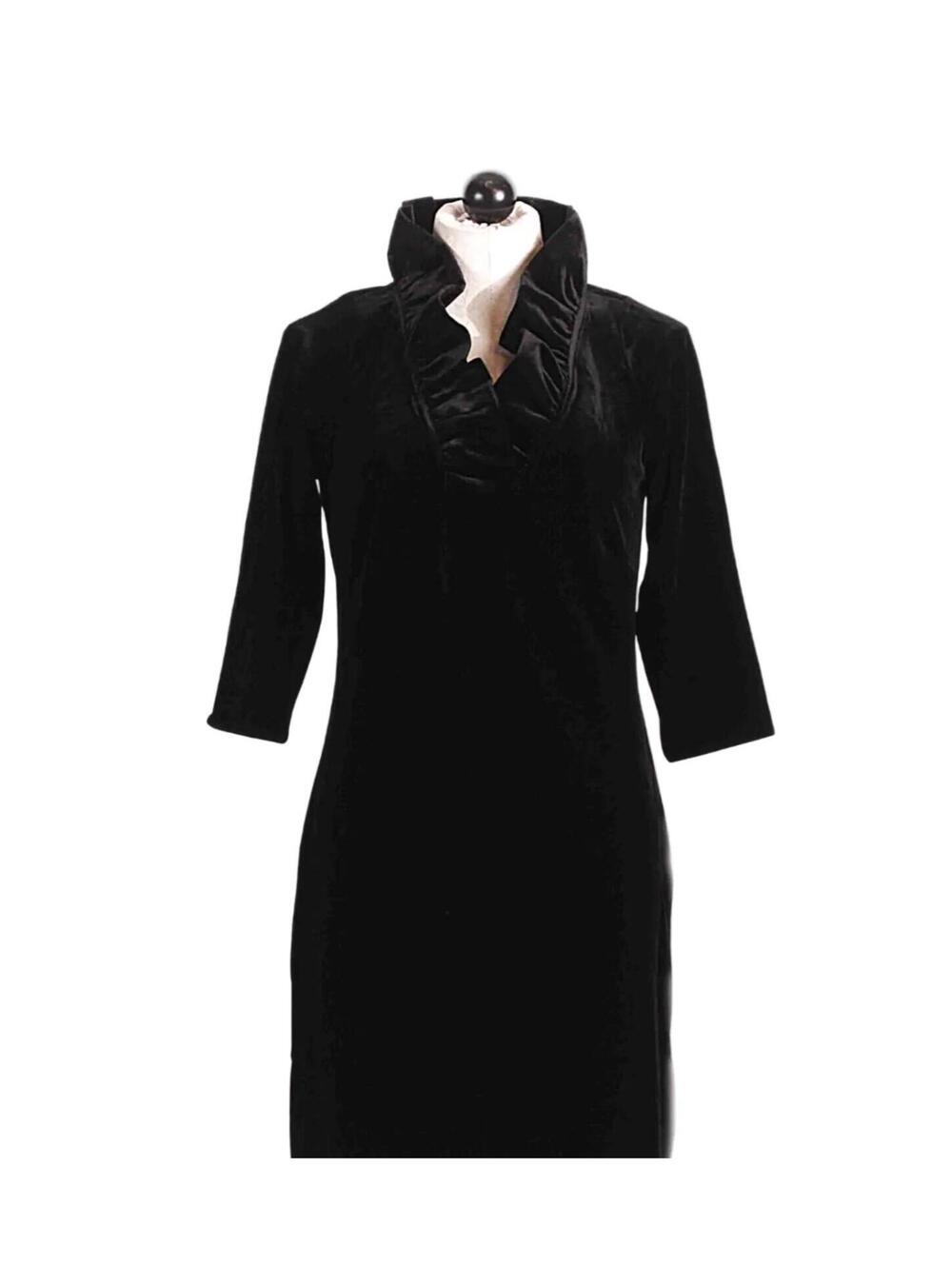 Gretchen Scott Silky Velvet Ruffle Neck 3/4 Sleeve Black Dress, Medium